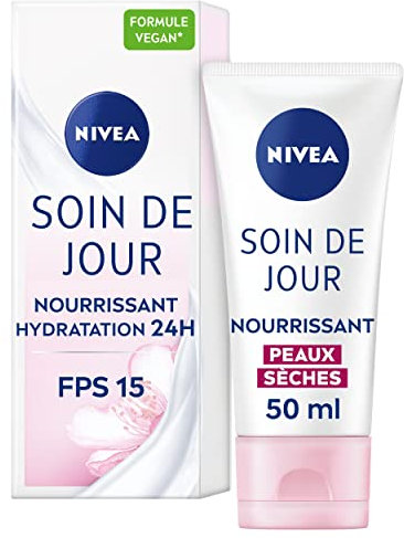 NIVEA Soin De Jour 24H Hydratant Nourrissant FPS15 (2 x 50 ml), crème hydratante visage enrichie en beurre de karité, soin visage femme pour peaux sèches
