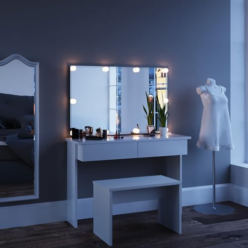 Vicco Schminktisch Azur, Weiß, 120 cm mit LED Beleuchtung und Bank, Zwei leichtgängige Schubladen – Paletten, Pinsel & Schmuck sofort Sortiert