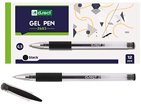 D.RECT Office 2603 | Juego de 12 Bolígrafos de Tinta de Gel con Mango de Goma | Bolígrafo de Gel Negro | Punta Ultrafina (0,5 mm) | Bolígrafos de Tinta de Gel con Capuchón | Color: Negro