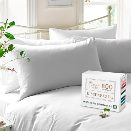 Pizuna 2er Pack Kissenbezug 40x80 cm Baumwolle Weiß 800 Fadenzahl | Luxuriöser Soft-Satin 2er Pack Quadratisch Kissenbezüge, 100% Langstapel Baumwolle Nur Kissenbezug Weiß,40x80 cm Mako Satin