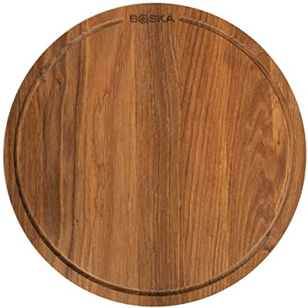 BOSKA Pizzabrett Friends M/Servierbrett aus Eichenholz/Pizza, Tapas und andere Speisen/Praktische Auffangrinne/Braun / ⌀ 29 cm