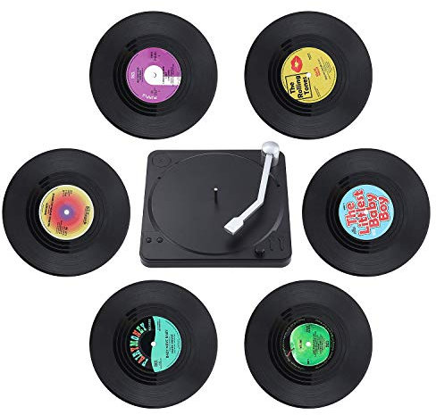 Coolty 6pcs Retro Vinyl Record CD Sottobicchieri Rotondi Sottobicchieri per Caffè tè Boccale di Birra Vino in Vetro casa e Bar con Supporto, 10*10*0.2cm