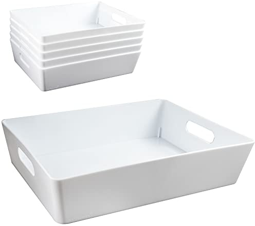 Lot de 6 boîtes de rangement – 8 cm de haut – Blanc – 35x26x8 cm – 6 l – DIN A4 – Panier de rangement – Boîte de rangement – Boîte de rangement – Plastique – Panier de salle de bain – Armoire bureau