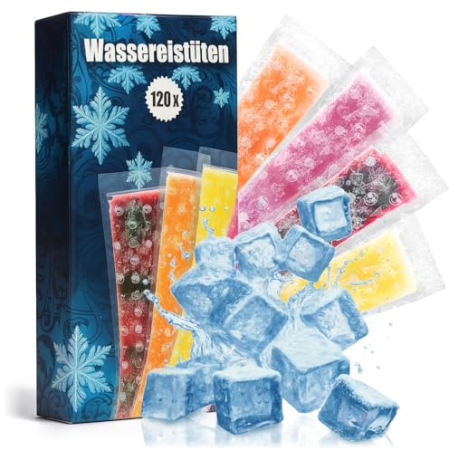 COM-FOUR® 120x Sacchetti per ghiaccio 80 ml - mini sacchetti gelato per congelatore - forma per gelato d'acqua fatto in casa con chiusura a zip (120 pezzi - cono gelato all'acqua trasparente)