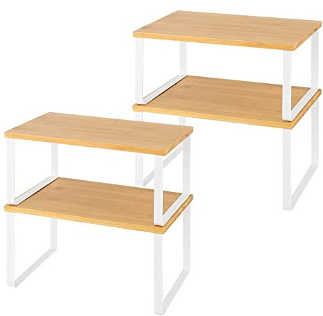 LIANTRAL Küchenschrank Organizer 4er-Set, Küchenregal, Küchen Organizer aus Metall und Bambus, Erweiterbar und Stapelbar Gewürzhalter, kleines Regal, Weiß und Naturfarben