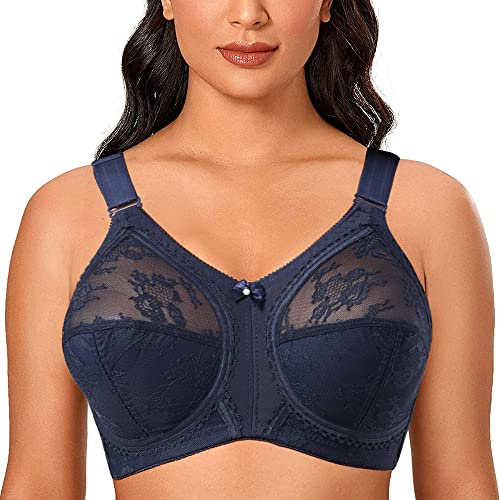 Ayigedu Soutien-gorge minimiseur en dentelle pour femme Grande taille Couverture Complète Tenue ferme Non rembourré Sans armature, bleu, 38