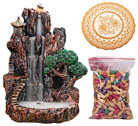 Rückfluss Räuchergefäß Halter Wasserfall - Harz Räucherstäbchenhalter mit 50 Rückfluss Räucherkegel & 1 Anti-Rutsch-Matte - Räucherwasserfall Rauchbrunnen Wasserfall für Meditation Zen Yoga Dekoration