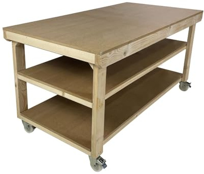 Arbor Garden Solutions 4ft Mobile Wooden Workbench with Double Shelf, 18mm MDF Top - 3ft Deep Heavy Duty Work Table on Wheels (120cm)
