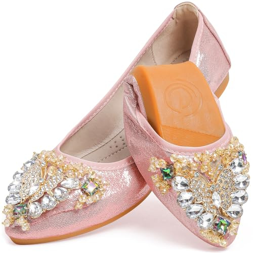 WAMBHC Pink Flats Shoes for Women Bow Rhinestone Pointed Toe Wedding Flats - Foldable Ballet Flat Slip on Flats for Women Dress Comfort - Size 9