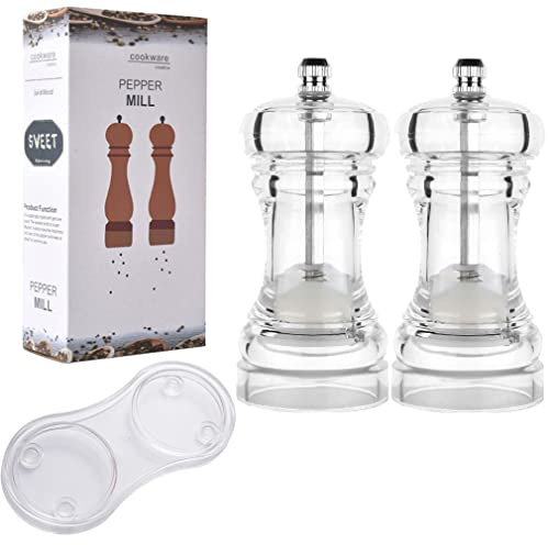 Molinillo de pimienta de acrílico transparente ajustable de 4 pulgadas con kit de bandeja recargable, combo de salero y pimentero de grano de pimienta con rotor de cerámica, herramienta de cocina