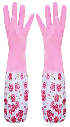 Rubber Cleaning Household Flock Gloves Latex Cuff Water-proof Medium Dishwashing Gloves Long Kitchen，Dining & Bar (Pink, One Size)