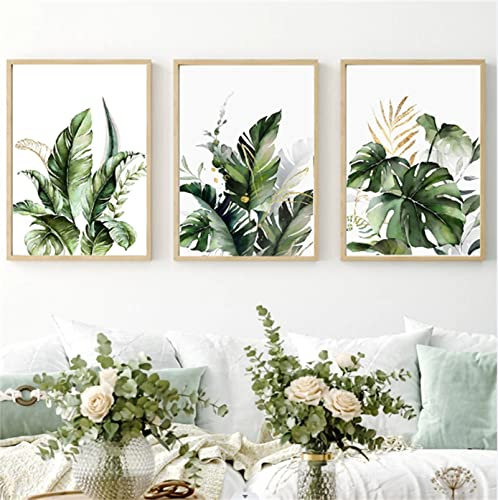Herfair 3er Poster Set Grün Pflanzen Blätter Wandbilder Modern Blumen Rosa Leinwand Bilder Wandbild Bilder Set Wanddeko Wohnzimmer Decor OHNE Rahmen (Grüne Blätter,40x50cm)