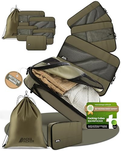 BACK&PACKER® Packing Cubes mit Kompression 6-teilig - Packtaschen Set aus recyceltem Material - Leichte Organizer für Rucksack & Koffer - inkl. Packwürfel für nasse Wäsche & Beutel (olivgrün)
