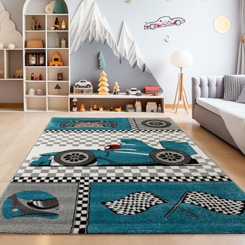 SIMPEX Kinderteppich Rennauto Blau 80x150 cm Läufer für Jungenzimmer Weich & Allergikerfreundlich Spielteppich mit Rennwagenmotiv
