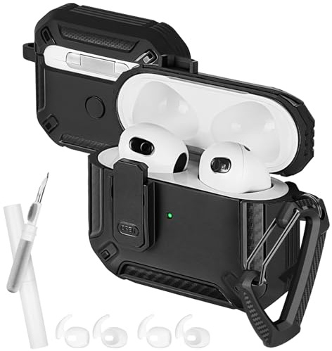 AXFEE Cover Compatibile con AirPods 3 2021 Custodia- Nero | con Kit di Pulizia e Moschettone, Custodia Pop-up Automatica Protettiva Rigida Antiurto, con Clip di Blocco di Sicurezza