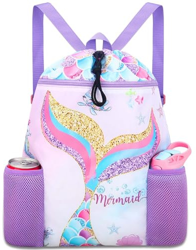 RHCPFOVR Mermaid Swim Bags for Kids - Drawstring Backpack for Girls Beach Swimming Pool Lightweight Draw String Bags Waterproof Sports Gym Bag With Two Water Bottle Holder