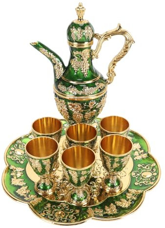 Ensemble de Cafetière Turque, Ensemble de Cafetière à Vin en Alliage de Zinc, Sculptures Exquises Imperméables Vintage avec 6 Verres et Plateau pour les Fêtes (-1214240013512)