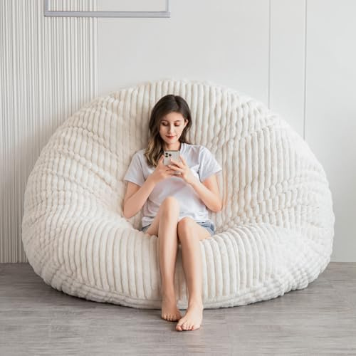 MAXYOYO Giant Bean Bag Bed - Square Bean Bag Chair - Large Sofa with Faux Fur Cover and Fluffy Filling Included for Adult, Couples, Guest (Beige, 180x180 cm)