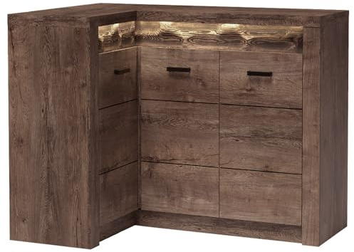 Lomadox Eckkommode Sideboard Eckschrank Kommode Wohnzimmerschrank Anrichte Aufbewahrunsschrank modern in braun mit LED Beleuchtung