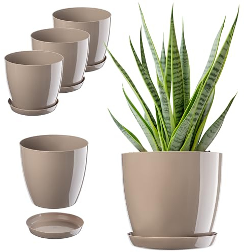 KADAX Lot de 3 Pots avec Soucoupe - Bac à Fleurs Rond en Plastique pour l'Intérieur et Plantes d'Intérieur, Herbes Aromatiques (Set 3 : 20 cm, Beige)