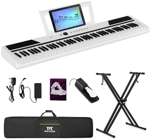 MUSTAR Digital Piano 88 Weighted Key with Stand, 88 Key Semi Weighted Keyboard Piano, Full Size Electric Piano Keyboard 88 Keys for Beginners, 2x25W Stereo Speakers, Case, Sustain Pedal (White)