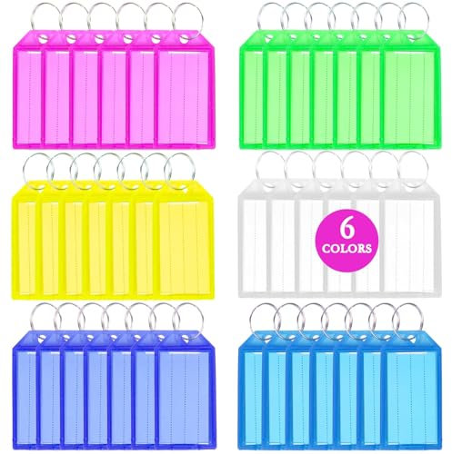 KU 48 Stück Schlüsselanhänger Beschriftbar, Robust Kunststoff Durable Schlüsselanhänger Set mit Split Ring Label Fenster, 6 Farben Schlüsselringe