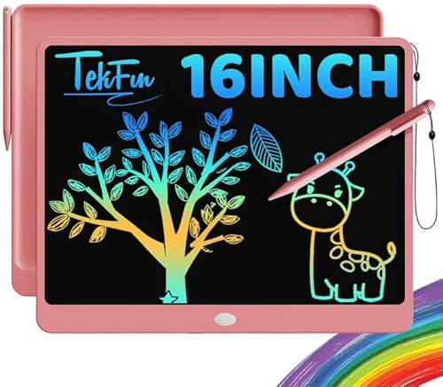 TEKFUN 16inch LCD Writing Tablet for Kids Adults, Erasable Drawing Tablet with Stylus Lanyard Writing Tablet for Office, Education Toys Birthday for 3 4 5 6 7 Girls Boys (Pink)