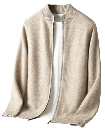 Dninmim Maglione da uomo con cerniera, collo a lupetto, a maniche lunghe, in cashmere, lavorato a maglia, spesso e morbido, Grigio Marrone Chiaro, L