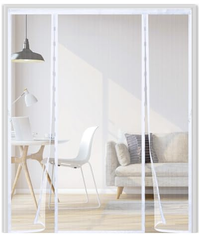 Magnetic Fly Screen Door 180x210cm,Double Door Mesh Curtain with Full Frame Hook & Loop,Keeps Bugs Out, Easy to Install,Magnetic Door Curtain for Sliding, Patio, French Doors,White