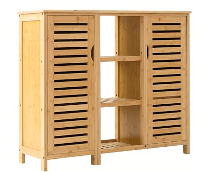 Brigros - Mobiletto Bagno Salvaspazio In Bambu Con 2 Ante E 3 Ripiani A Vista, Mobile Cucina Salvaspazio 100x33x87 Cm, Mobile Bambu Basso, Mobiletto Cucina In Bambù
