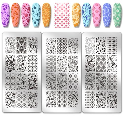 PH PandaHall 3pcs Flower Texture Nail Stamping Plates 36 Patterns Leaf Floral Nails Art Stencils Plants Leaves Manicure Art Templates Stainless Steel Nail Image Plate for Women Manicures Salon Design