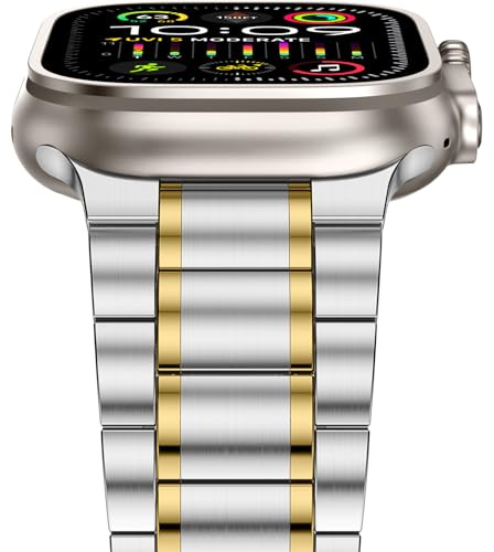 Anlinser Metallarmband Kompatibel mit Apple Watch Armband 49mm 46mm 45mm 44mm 42mm, Fünf-Link Edelstahl Ersatzarmbänder für iWatch Ultra 3/2/1 Serie 11 10 9 8 7 6-1 SE (Silber Gold)