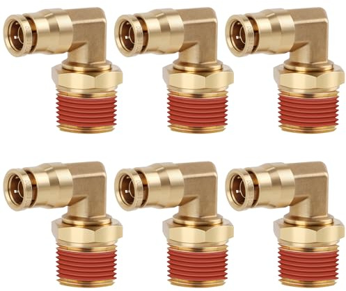 6 Stück DOT Schnellpress-Verbindungsstück aus Messing, Kalolary Messing 90 Grad Winkelstück, DOT-Leitungsbeschläge, 3/8 Zoll Außendurchmesser x 1/2 Zoll NPT-Gewinde, Luftbremsleitungsarmaturen