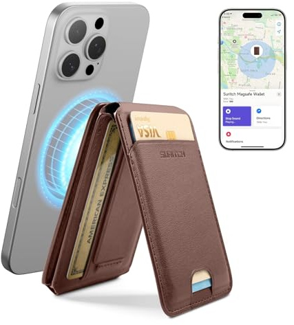 SURITCH Phone Tripod Wallet with Find My Functionality, Magnetic & NFC Supported Card Holder with RFID Blocking,Wallet with Adjustable Stand Selfie Stick for iPhone 17/16/15/14/13/12 Series,Brown