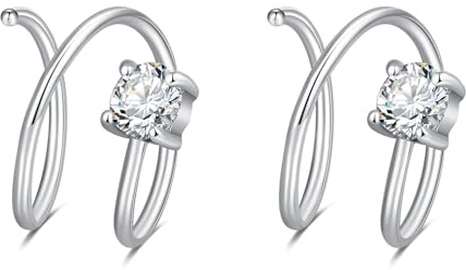 Crdifu 20G Double Nose Ring Silver, 8mm Crystal Nose Hoop Stainless Steel, 0.8mm Thin Double Hoop Nose Rings for Women Men, 2 Pcs CZ Nose Piercing, Nostril Piercing Jewellery Girls Gift 2 in 1 Pack