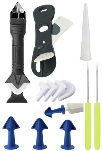 Professional Caulking Tool Kit, 3-in-1 Silicone Caulking Tools, 33pcs Nozzle Tips (6.5R/10R/13R), Nozzle Scissors & Uncloggers, Sealant Nozzle Set for Kitchen, Bathroom, Window & Floor Sealing