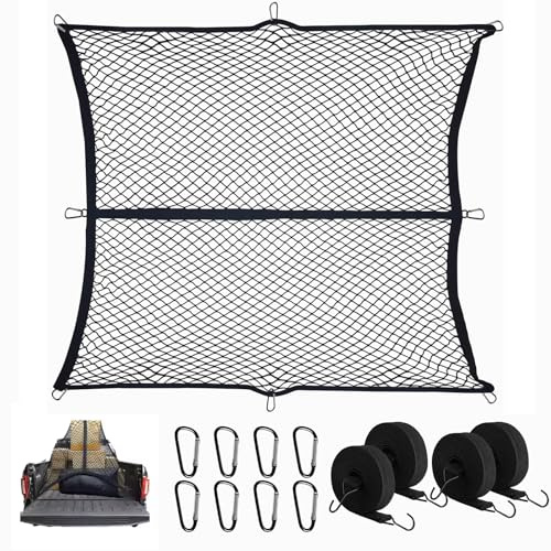 Filet à Bagages Hautement Élastique 1,5 x 1,5 m Extensible Jusqu'à 2,5 m x 2,5 m (Une Couche), Filet de Rangement pour Camion, Voiture, Camping-Car, avec 8 Mousquetons en Acier + 4 Sangles de Fixation