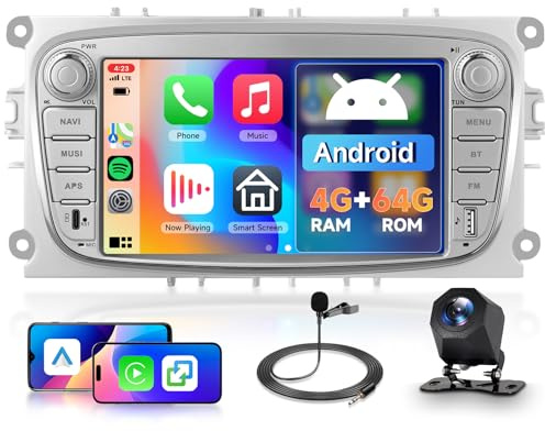 Hodozzy 4G+64G Android Car Stereo For Ford Focus II MK2 Mondeo Galaxy S-max C-max with Wireless Carplay Android Auto, 7 inch Touch Screen with GPS Bluetooth WiFi, Mirror Link, DSP FM/RDS Radio Camera