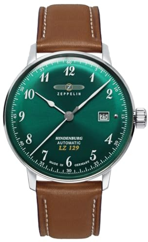 Zeppelin 8056-4 Hindenburg Automatik Herrenuhr, Edelstahl Silberfarben, Grün, Lederband Braun