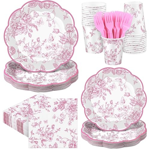 Kochorie 144 Pieces Pink Floral Paper Plates and Napkins Party Supplies, Pink and White Flower Tableware Set Include Vintage Scalloped Plates Napkins Cups Forks for Wedding Birthday Tea Party