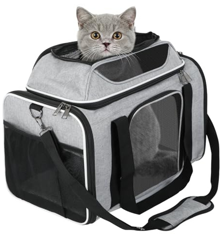 RDTOK Transportbox Katzen,Faltbare Katzen Transporttasche,für Katze und Welpen bis 8 kg,Atmungsaktiv Katzen transportboxen,mit Sicherheit Reißverschlüsse,für ob Reise,Oder Tierarzttermin (Grau)