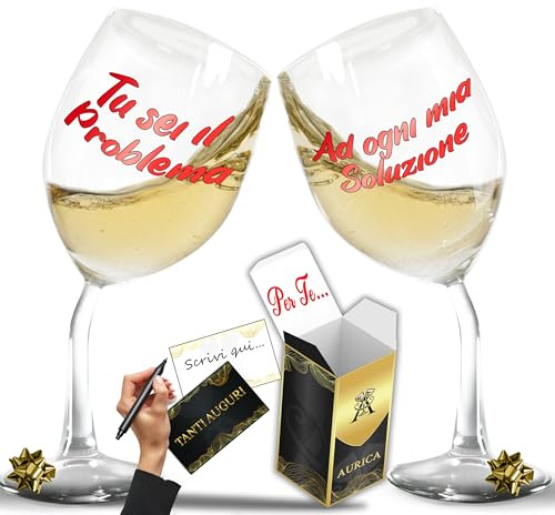Aurìca Coppia Calici Vino Personalizzati TU SEI IL PROBLEMA – AD OGNI MIA SOLUZIONE – 2 Bicchieri Piegati Per San Valentino Tra Ironia E Tenerezza Con Confezione Regalo Inclusa