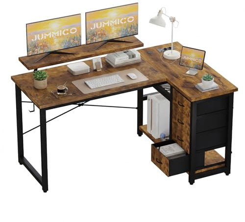JUMMICO L-Form Schreibtisch 140×80cm Beidseitig Montierbar mit Steckdosen | L-Form Eckschreibtisch mit 4 Stoffschubladen & viel Stauraum, Computertisch mit Steckdosen für Homeoffice und Gaming