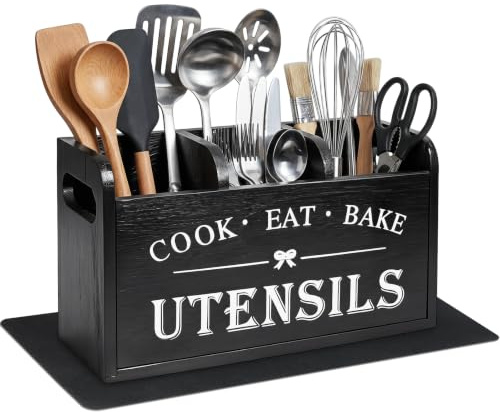 Kitchen Utensils Holder Black Utensil Holder with 3 Compartments & Handle | Wooden Cooking Utensil Organizer with Drainage Bottom, Silverware Cutlery Caddy for Countertop Farmhouse Cooking Tools