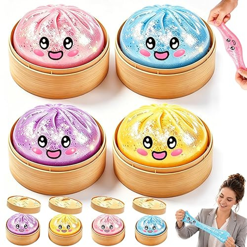 Dumpling Squishy, 4PCS Squishy Dumpling Toy, Dumpling Squishys Mystery, Giant Dumplings Squishys mit Dampfgarer, Anti Stress Bälle Fidget Spielzeug für Kinder Erwachsene Stressabbau Geschenke