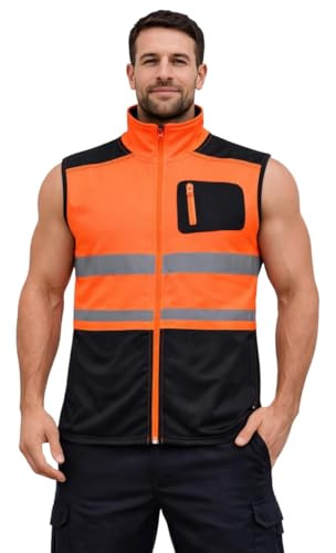 Hi Vis Softshell Bodywarmer Gilet for Men – High Visibility Reflective Safety Vest Waterproof Windproof Workwear Jacket with Zip Pockets for Outdoor