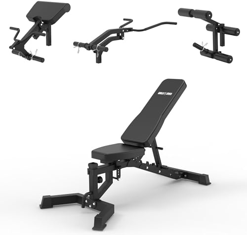 Gorilla Sports Hantelbank® – mit optionalen Bein-, Bizeps- und Trizeps-Aufsätzen, 8 Rückenlehnenwinkel, 380 kg Belastbarkeit – Multifunktional, Preacher Curl (Hantelbank mit allen Anbauteilen)