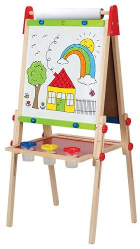 Hape Kinder Spiel-Tafel aus Holz| Preisgekrönte doppelseitige Kindertafel höhenverstellbar mit Papierrolle, Kreidetafel, Whiteboard, Magnete und 3 Malschüsselchen