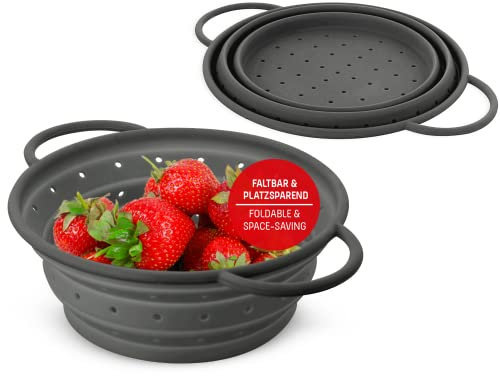 Coolinato – Sieb aus Silikon faltbar 20 cm Grau – Nudelsieb für Pasta, Gemüse & Obst - Küchensieb spülmaschinenfest, BPA-frei, & hitzebeständig bis 230°C - Platzsparendes Abtropfsieb zusammenklappbar