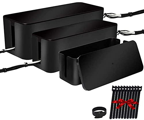 [Set of Three] Cable Management Boxes Organizer, Large Storage Wires Keeper Holder for Desk, TV, Computer, USB Hub, System to Cover and Hide & Power Strips & Cords (Black)